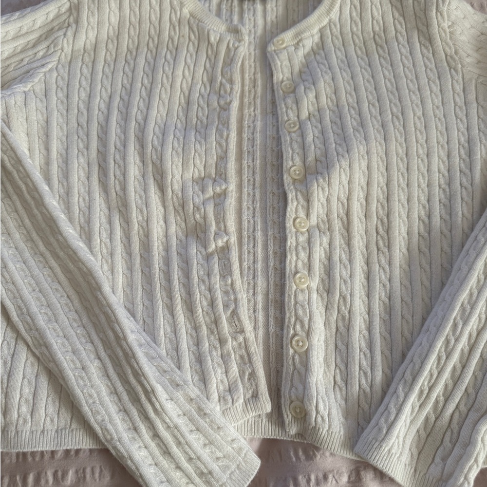 Brandy Melville Classic Cable-Knit Button-Up Sweater Cardigan - White